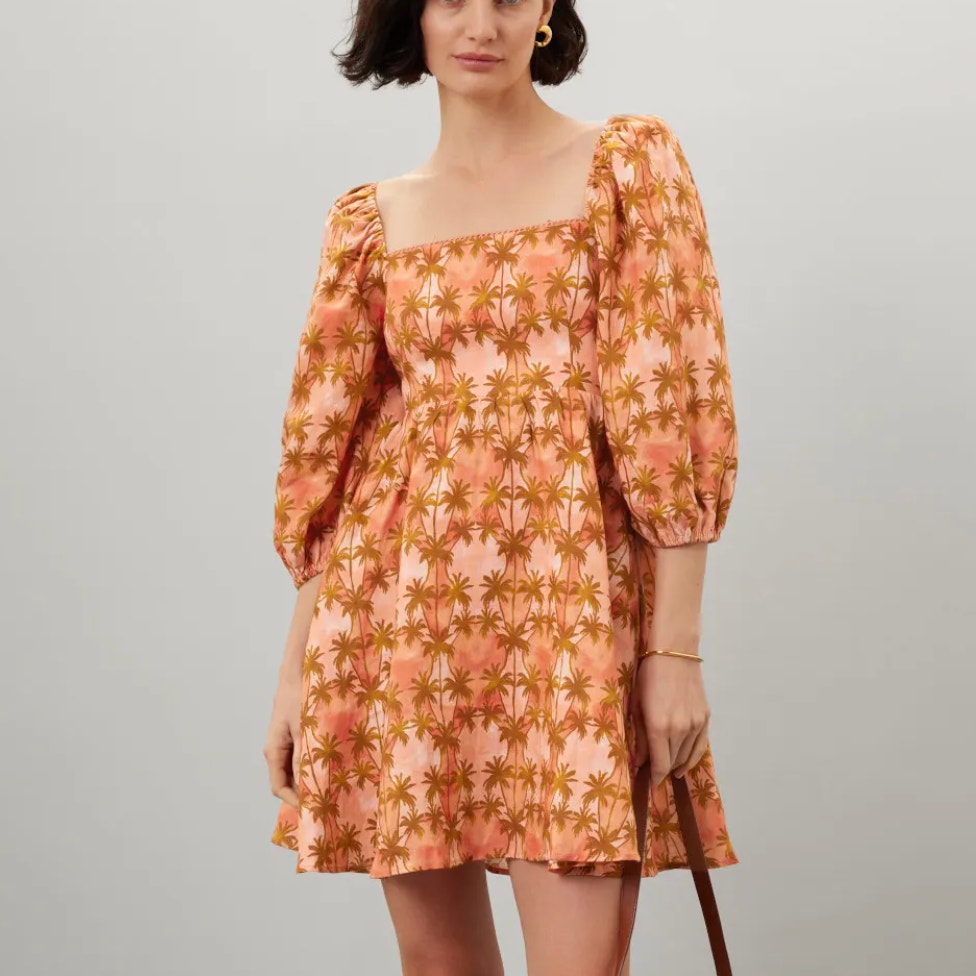 Kivari Tropical Linen Fit Flare Mini Dress Size 8 Cottage Palm Bow Designer $269